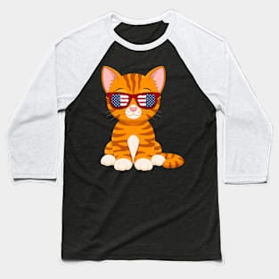 Patriotic Cat With America Flag Sunglasses 4Th Of July Baseball T-Shirt